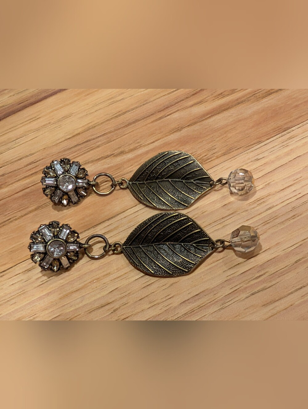 Source Unknown Antique Gold Leaf Drop Earrings with Clear Crystals